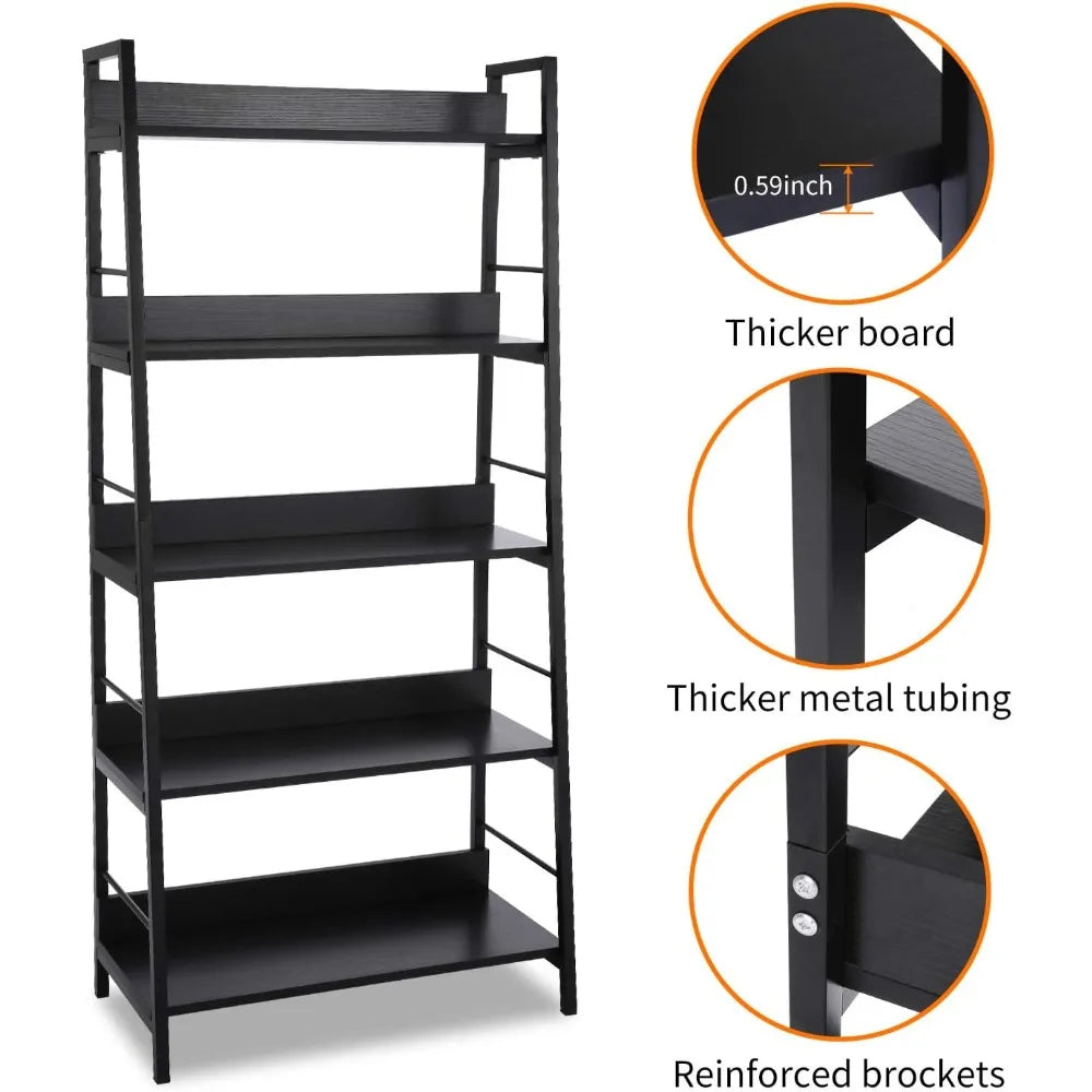 Industrial Style 5-Tier Wooden and Metal Bookshelf with Plant Stand, Storage Rack for Books and Decor