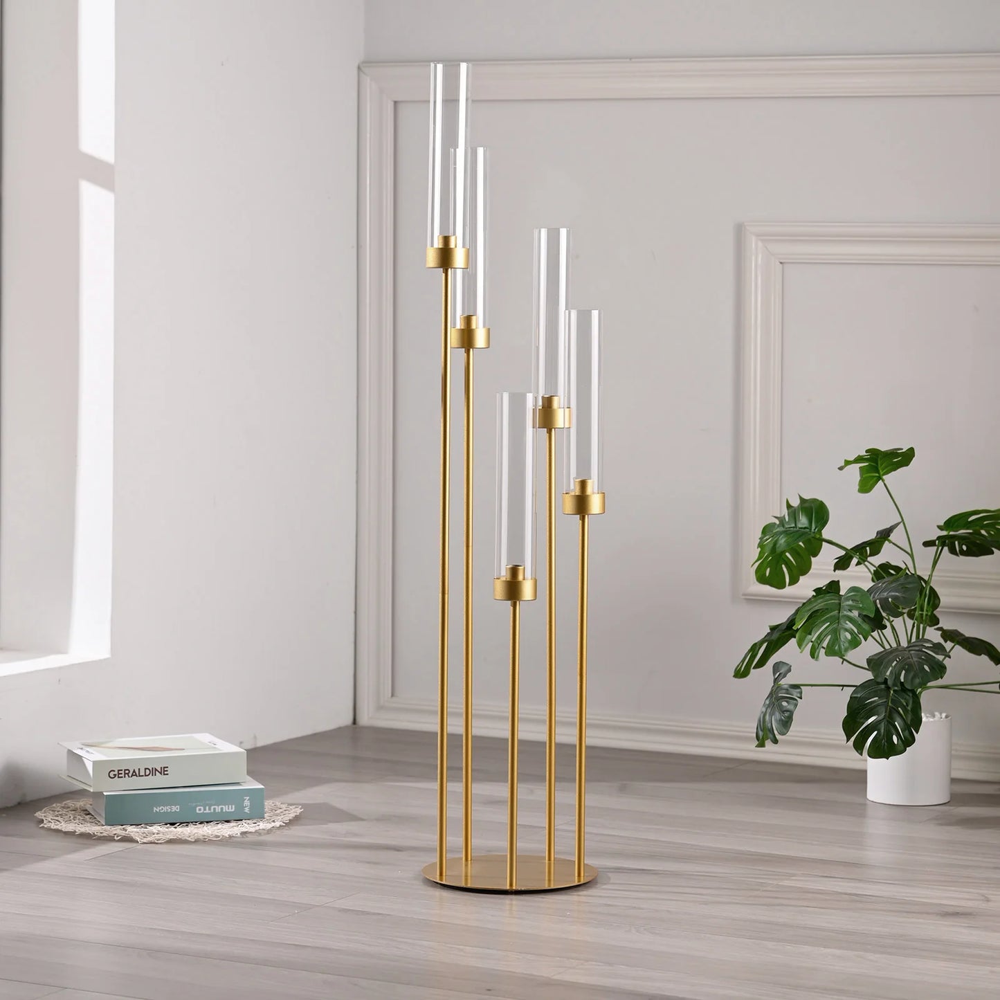 10PCS Gold Floor Candelabra,5 Arm Candle Holder Tall Floor Candle Holder with Acrylic Lampshade for Wedding Table Birthday Party