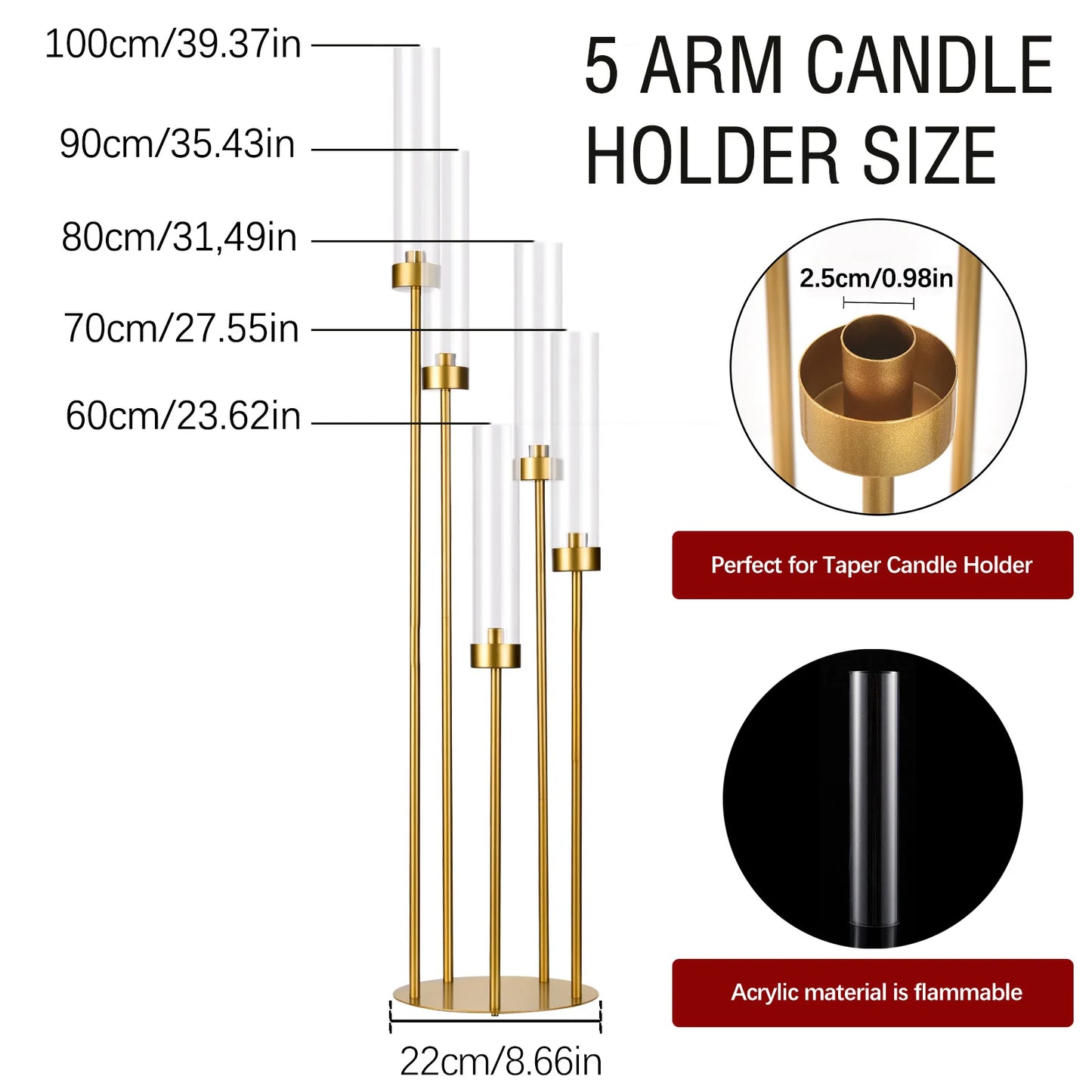 10PCS Gold Floor Candelabra,5 Arm Candle Holder Tall Floor Candle Holder with Acrylic Lampshade for Wedding Table Birthday Party