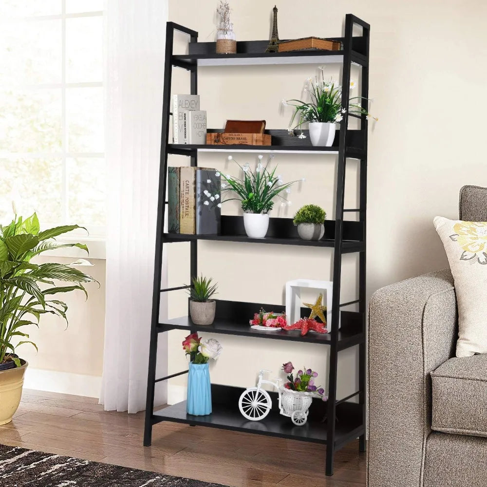 Industrial Style 5-Tier Wooden and Metal Bookshelf with Plant Stand, Storage Rack for Books and Decor