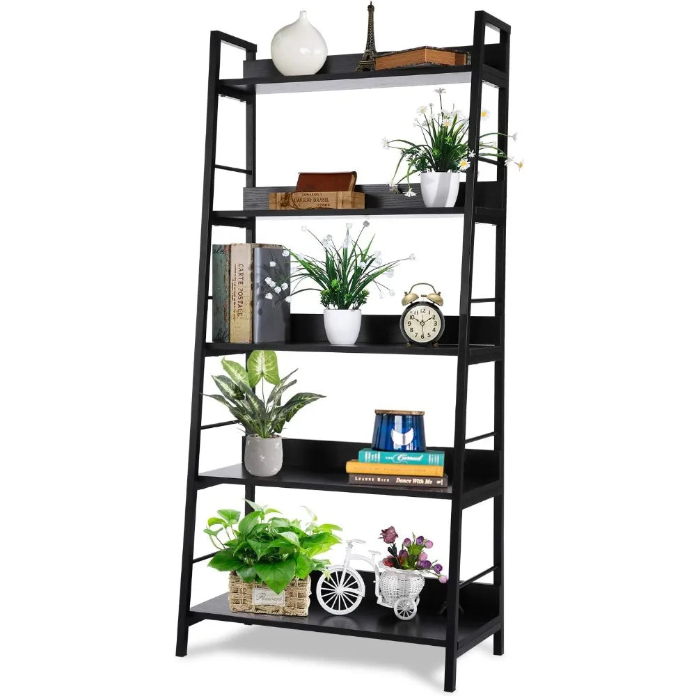 Industrial Style 5-Tier Wooden and Metal Bookshelf with Plant Stand, Storage Rack for Books and Decor