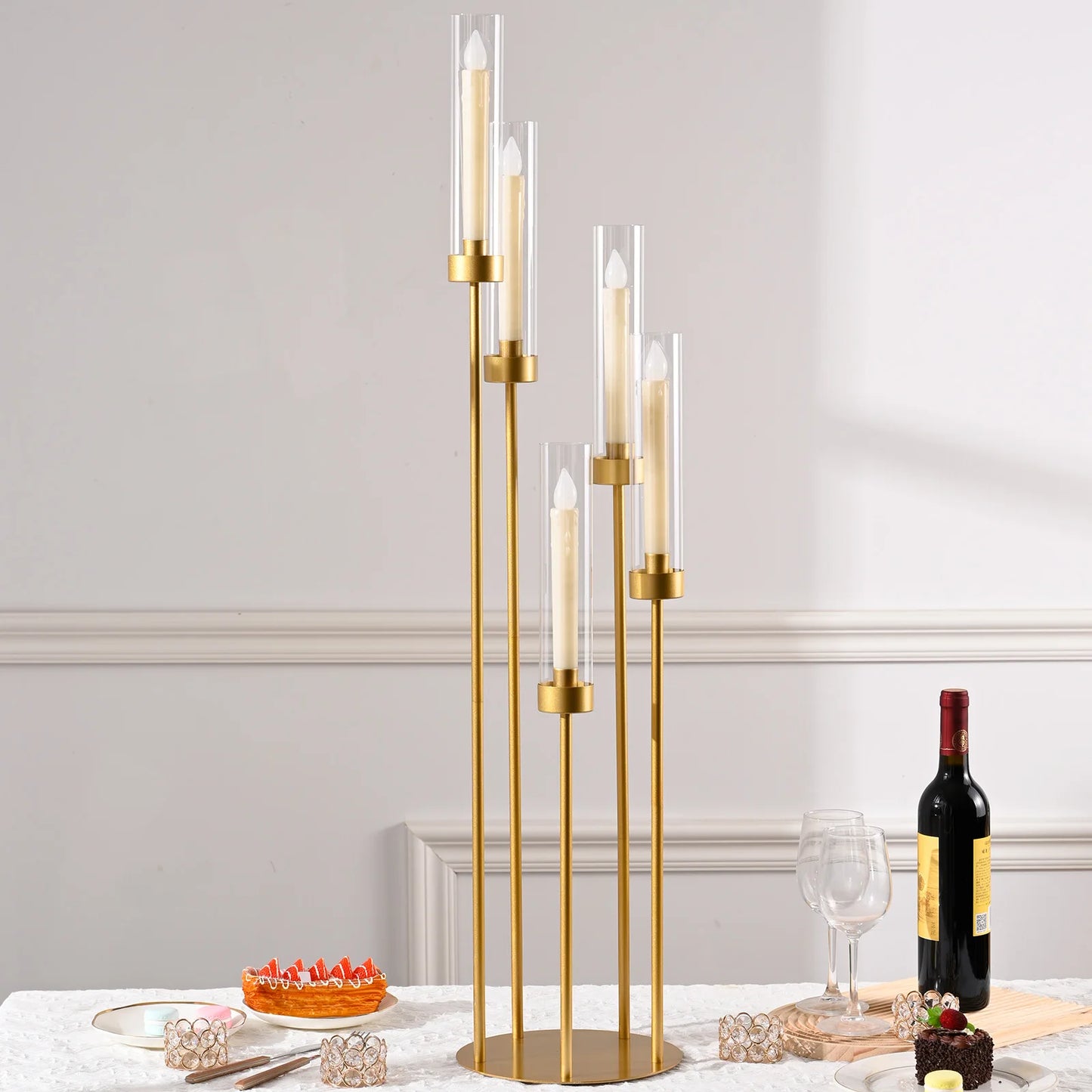 10PCS Gold Floor Candelabra,5 Arm Candle Holder Tall Floor Candle Holder with Acrylic Lampshade for Wedding Table Birthday Party