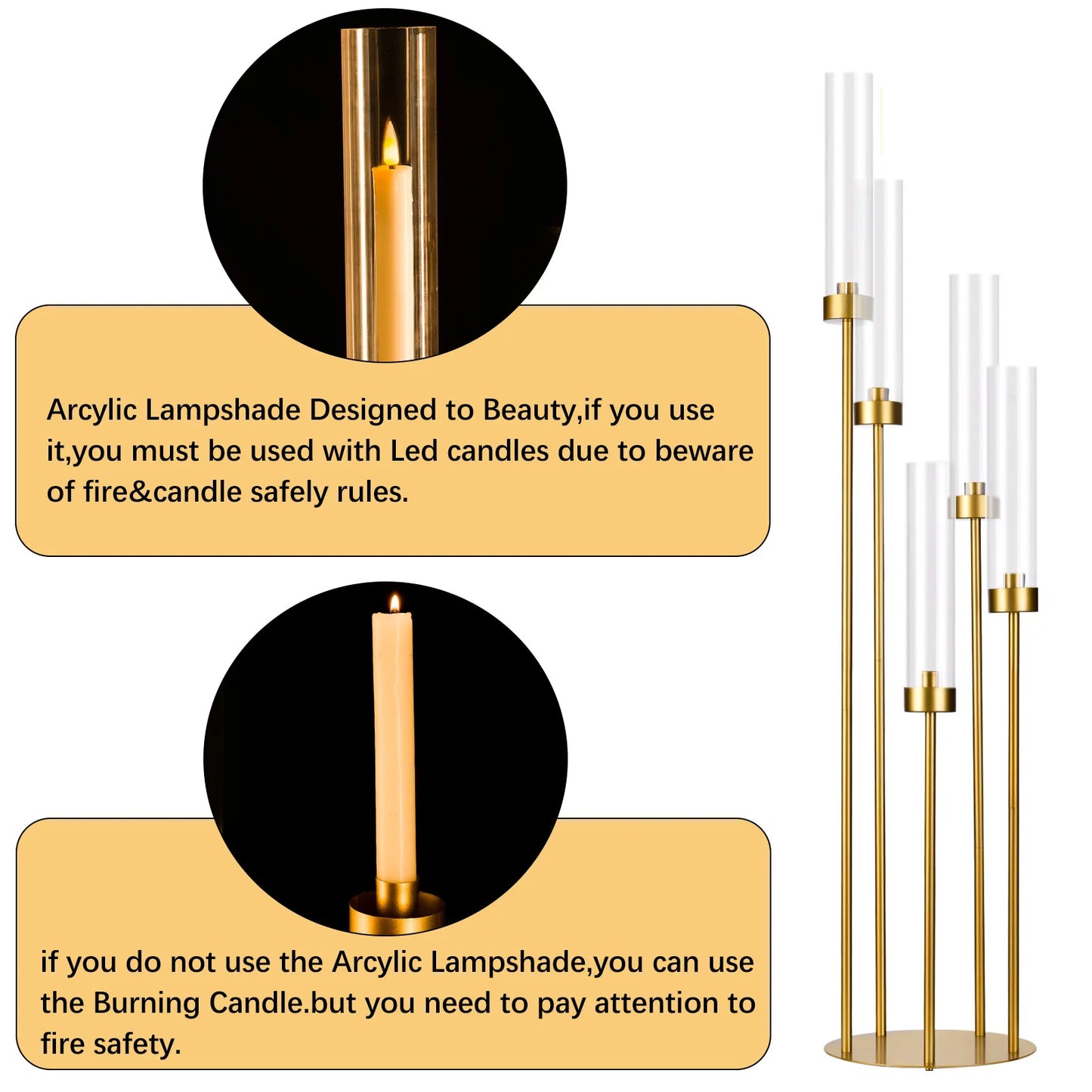 10PCS Gold Floor Candelabra,5 Arm Candle Holder Tall Floor Candle Holder with Acrylic Lampshade for Wedding Table Birthday Party