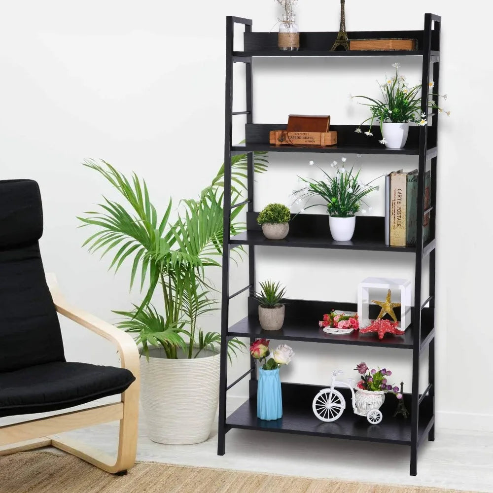 Industrial Style 5-Tier Wooden and Metal Bookshelf with Plant Stand, Storage Rack for Books and Decor