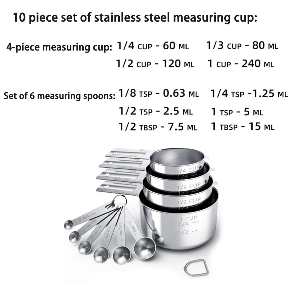 10 pcs Measuring Cups, Stainless Steel Measuring Spoons Set Multifunctional Kitchen Gadgets for Cooking, Baking and Dry Liquid