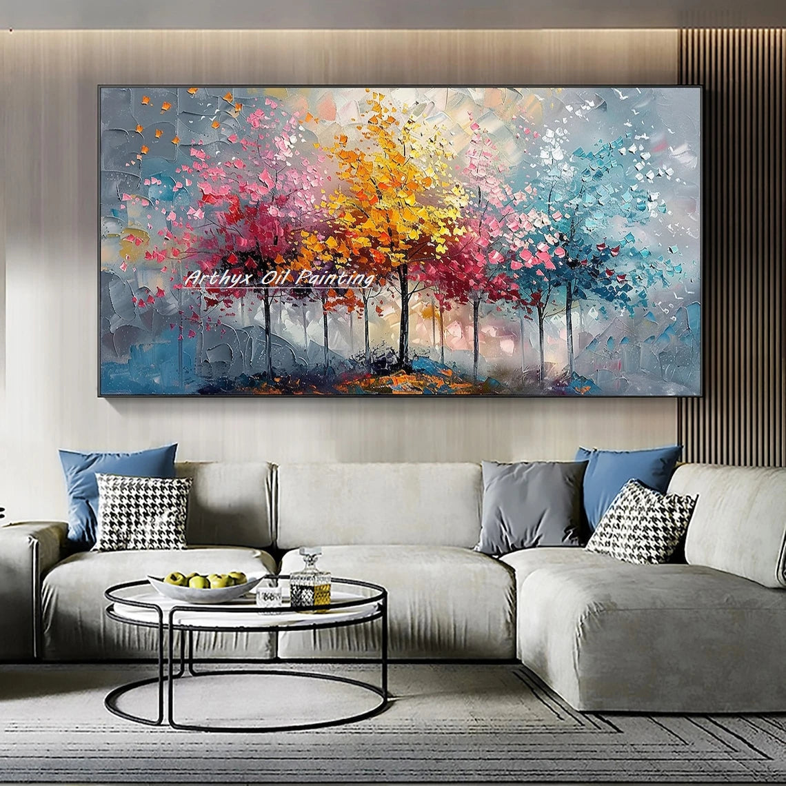 Arthyx,Large Handpainted Palette Knife Tree Oil Painting on Canvas,Modern Abstract Landscape Art Poster,Wall Pictures,Home Decor