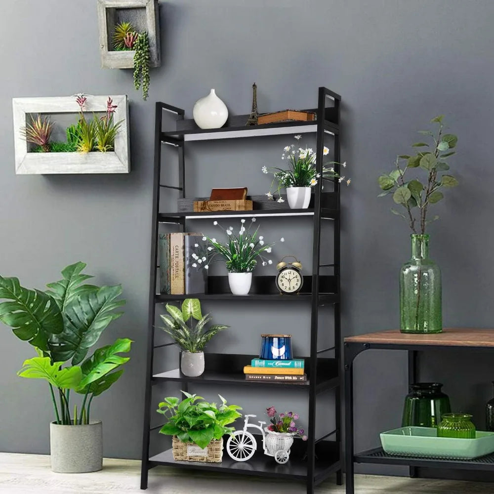 Industrial Style 5-Tier Wooden and Metal Bookshelf with Plant Stand, Storage Rack for Books and Decor