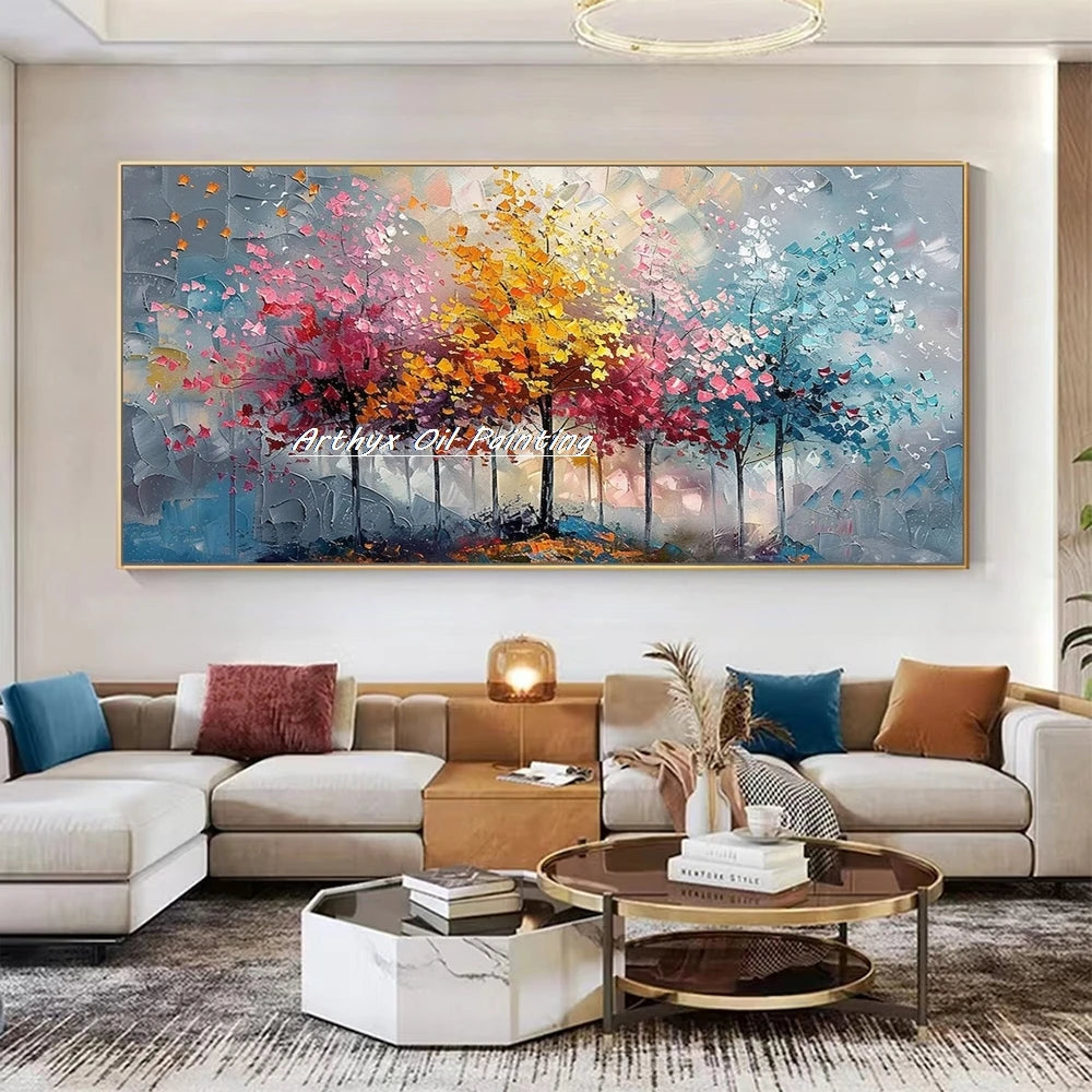 Arthyx,Large Handpainted Palette Knife Tree Oil Painting on Canvas,Modern Abstract Landscape Art Poster,Wall Pictures,Home Decor