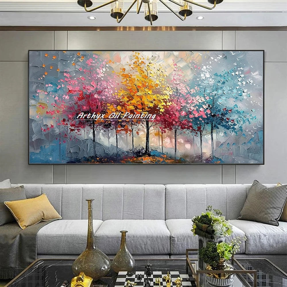 Arthyx,Large Handpainted Palette Knife Tree Oil Painting on Canvas,Modern Abstract Landscape Art Poster,Wall Pictures,Home Decor