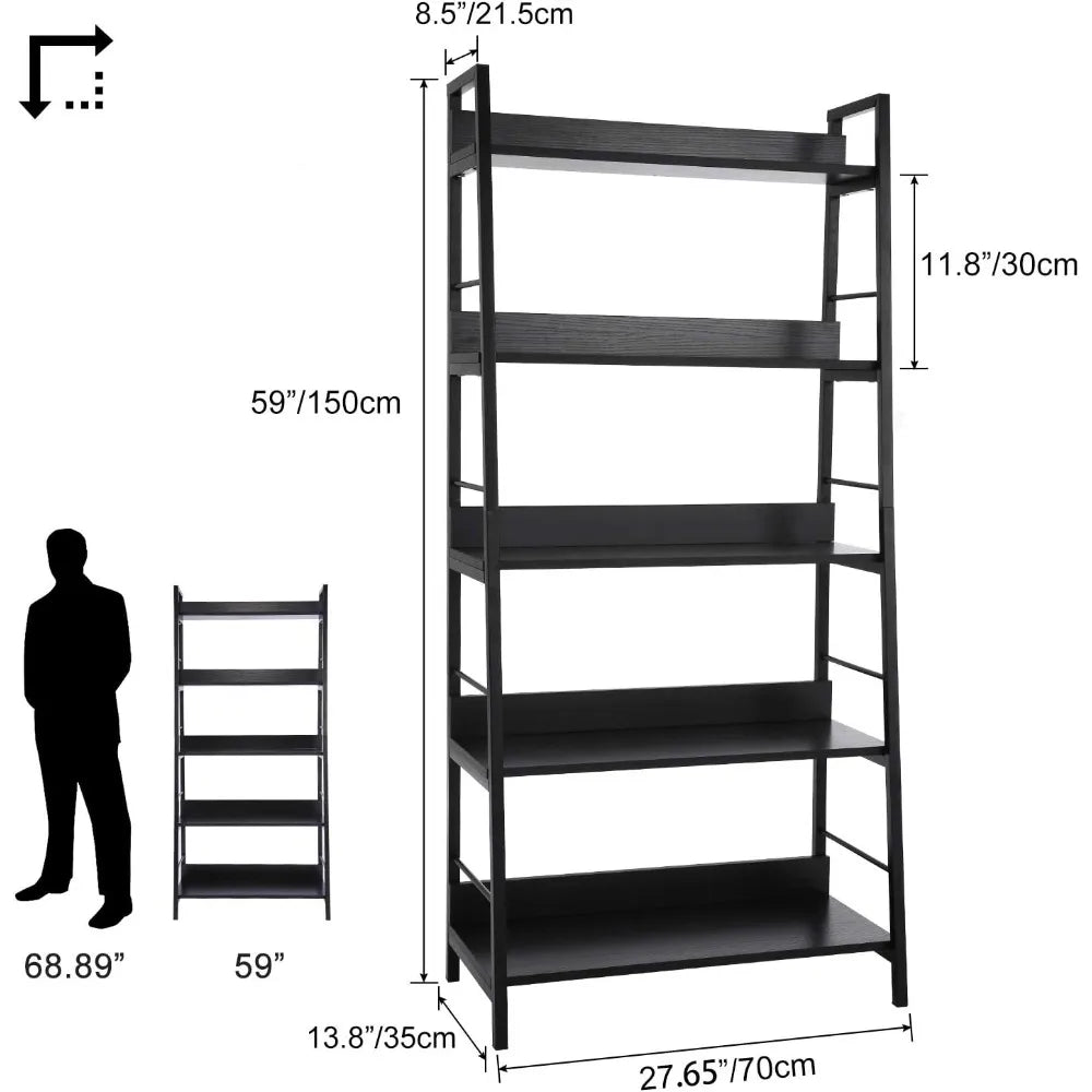 Industrial Style 5-Tier Wooden and Metal Bookshelf with Plant Stand, Storage Rack for Books and Decor