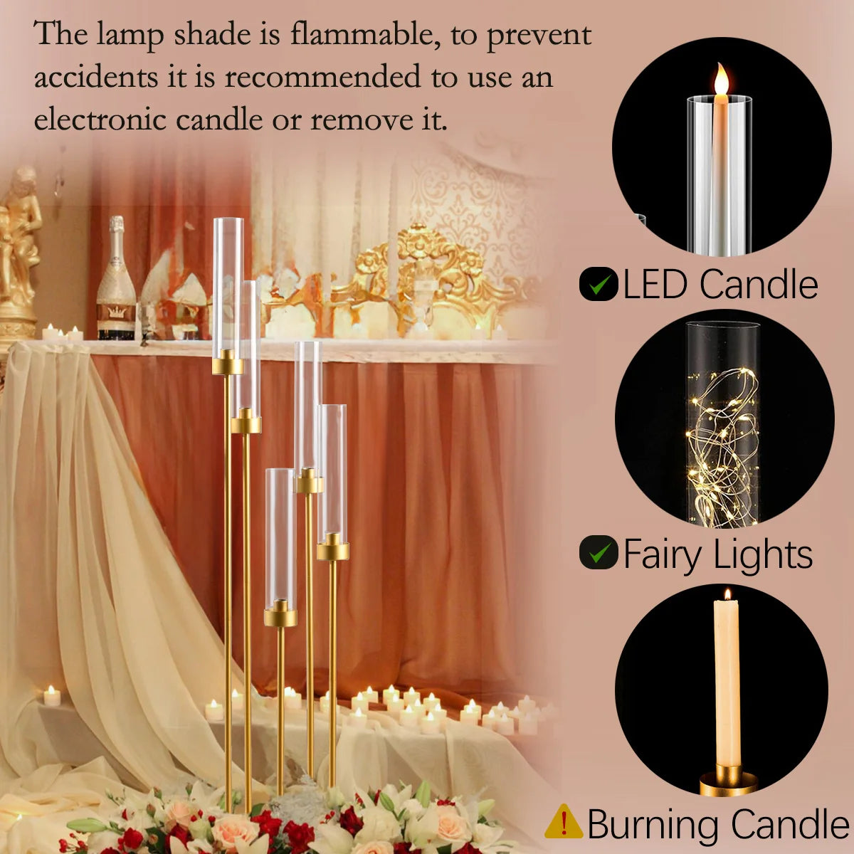 10PCS Gold Floor Candelabra,5 Arm Candle Holder Tall Floor Candle Holder with Acrylic Lampshade for Wedding Table Birthday Party