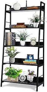 Industrial Style 5-Tier Wooden and Metal Bookshelf with Plant Stand, Storage Rack for Books and Decor