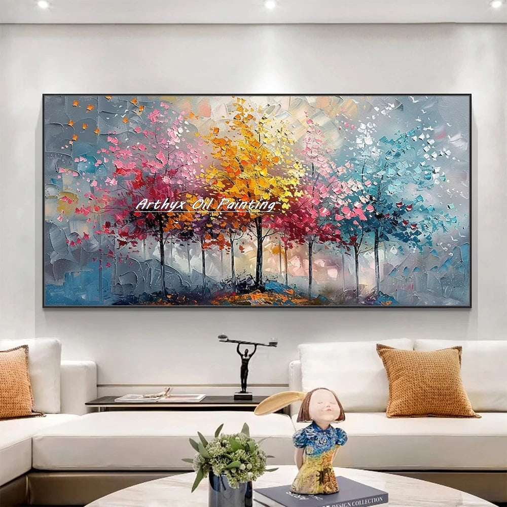 Arthyx,Large Handpainted Palette Knife Tree Oil Painting on Canvas,Modern Abstract Landscape Art Poster,Wall Pictures,Home Decor